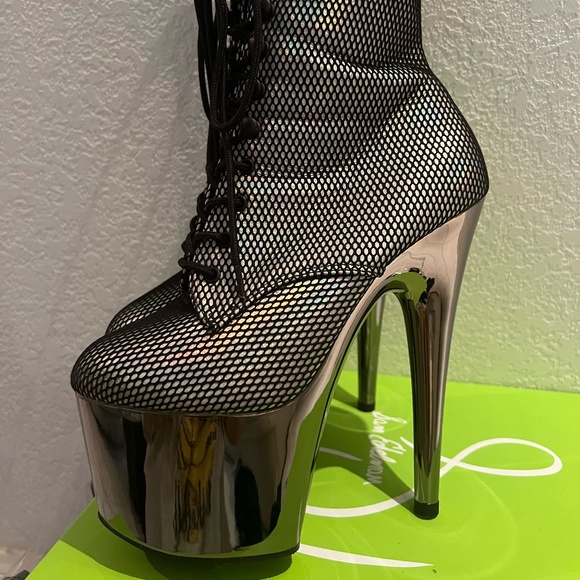 PLEASER Ankle boots Pole Dancing Shoes Chrome/Fishnet/Holographic Size 7 - Picture 9 of 14